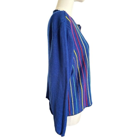 Bedford Fair Lifestyles Blue Striped Colorful Button Up Cardigan Women's Sz L - Picture 5 of 11